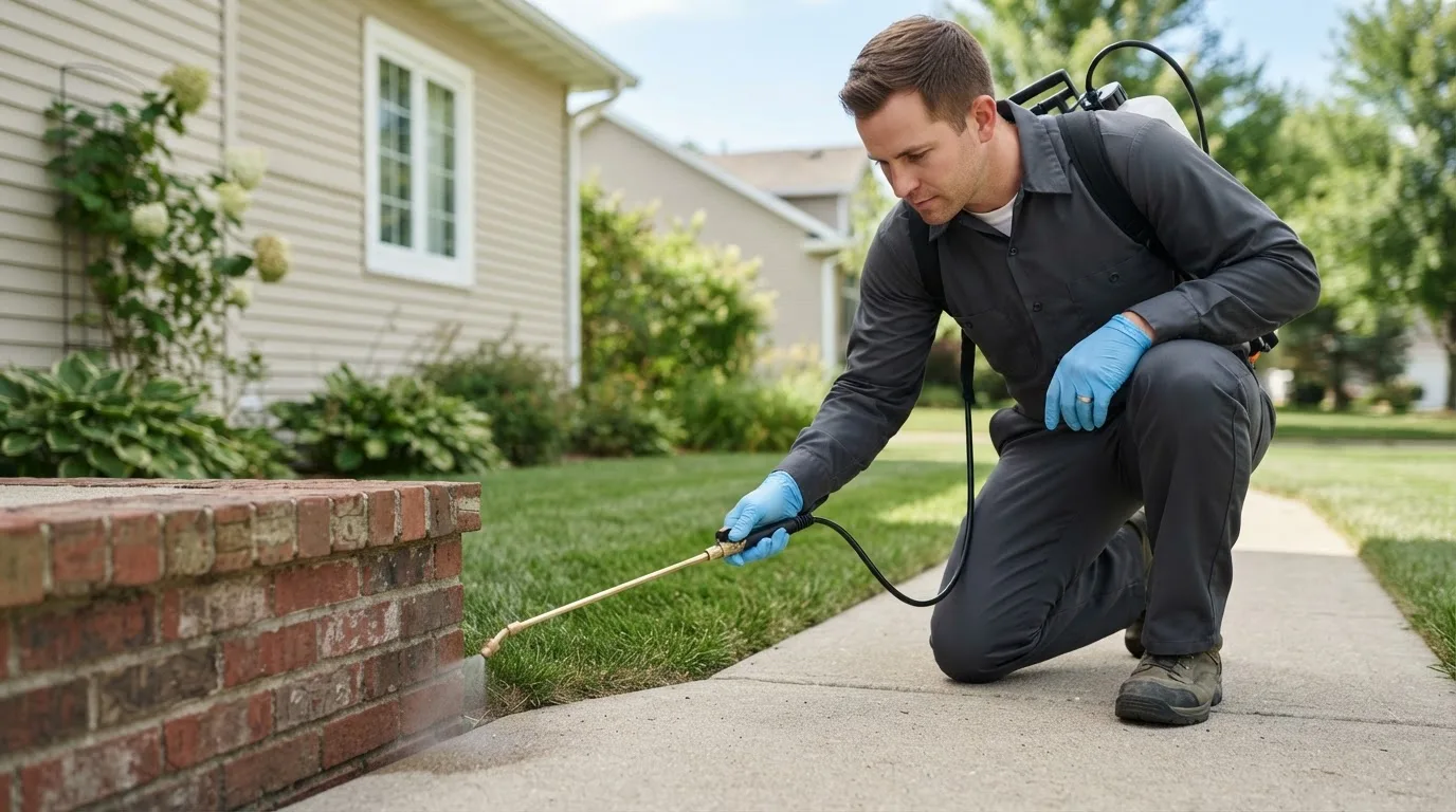 Pest control technician treating a home near Emporia, KS
